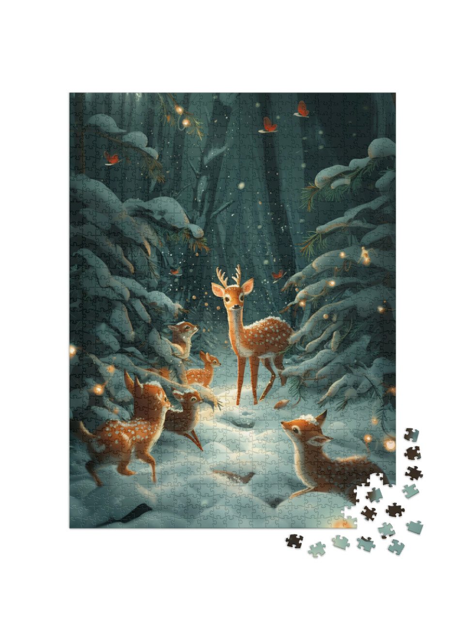 puzzle 1000 dílků „Jelení rodinka objevuje sníh“