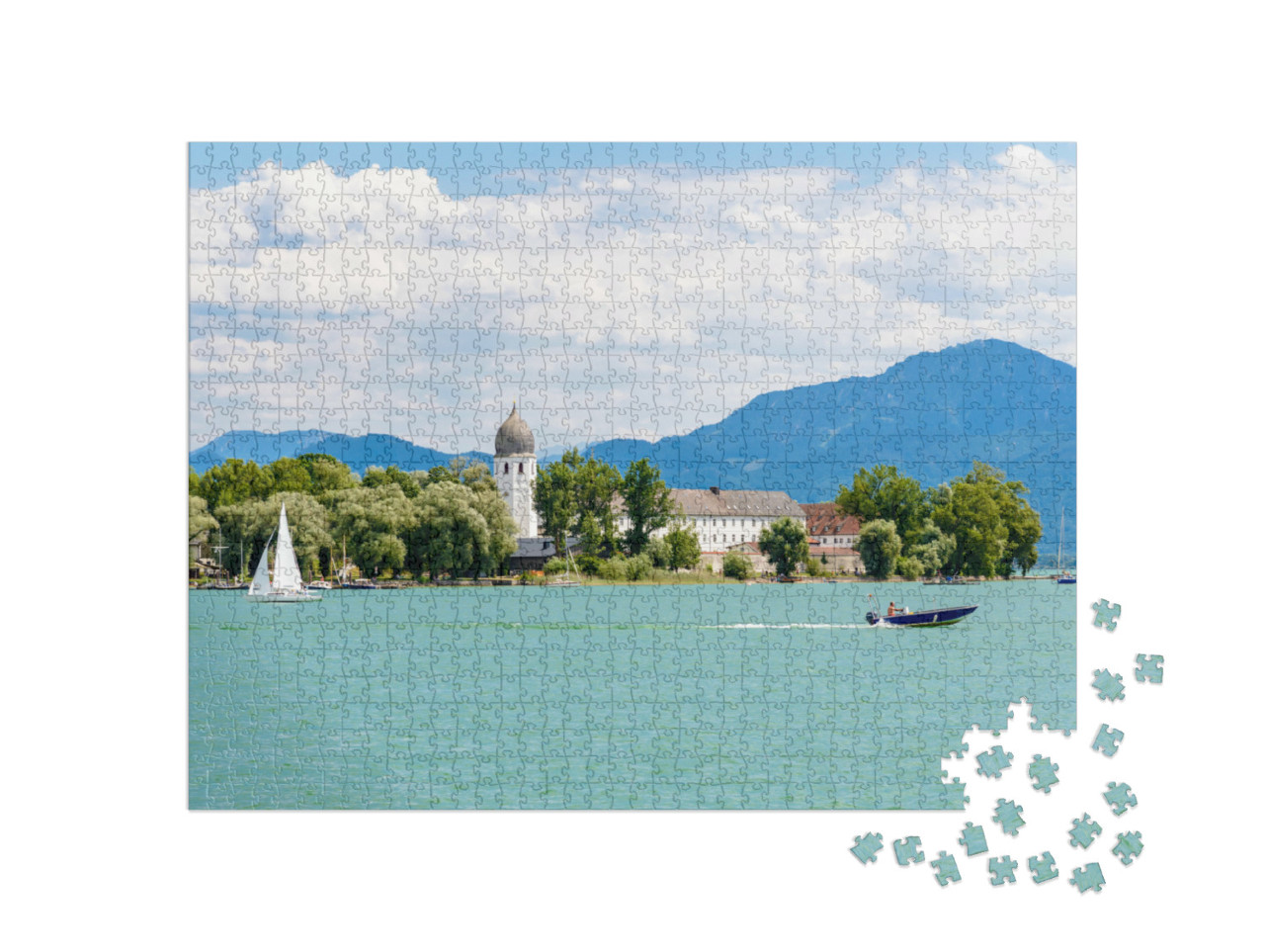 puzzle 1000 dílků „Fraueninsel, Frauenchiemsee na jezeře Chiemsee s lodí, Bavorsko, Německo“