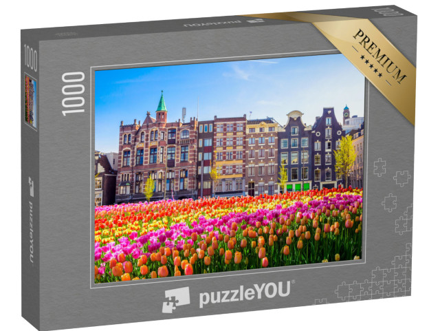 puzzle 1000 dílků „Tradiční staré budovy a tulipány v Amsterdamu, Nizozemsko“