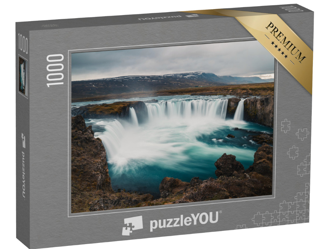 puzzle 1000 dílků „Godafoss: slavný islandský vodopád, pohled ze skalnatého břehu“