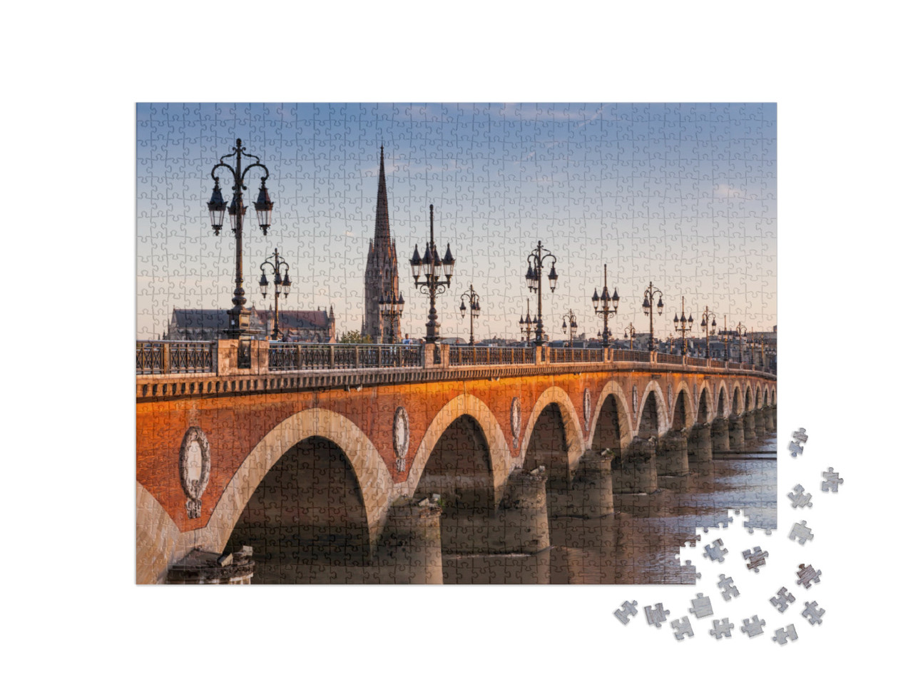 puzzle 1000 dílků „Pohled na Pont de pierre při západu slunce, Bordeaux, Francie“