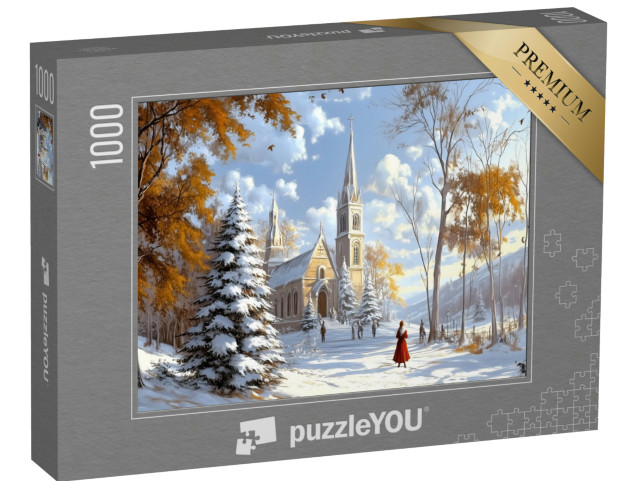 puzzle 1000 dílků „Zasněžený kostel na Štědrý den ráno“