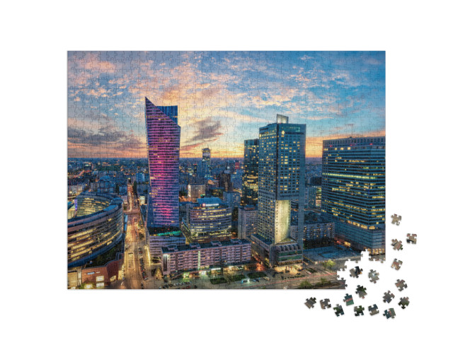 puzzle 1000 dílků „Varšavské mrakodrapy při západu slunce, Polsko“