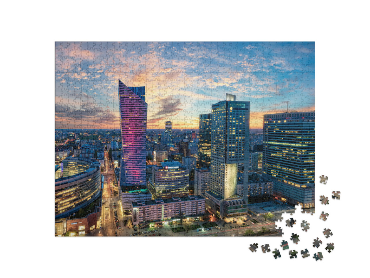 puzzle 1000 dílků „Varšavské mrakodrapy při západu slunce, Polsko“