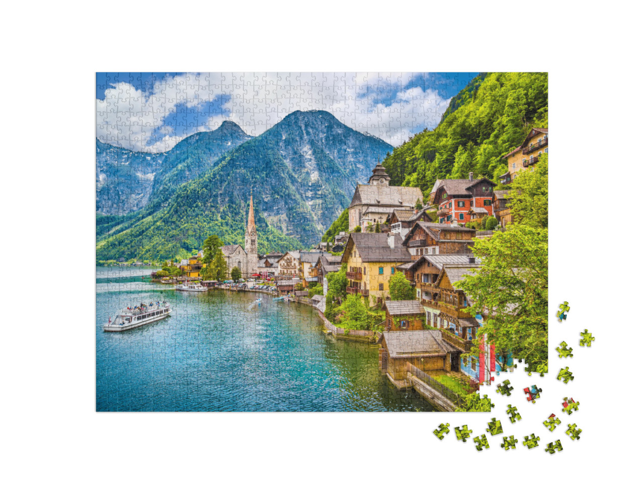 puzzle 1000 dílků „Horská vesnice Hallstatt s Hallstattským jezerem v Solné komoře“