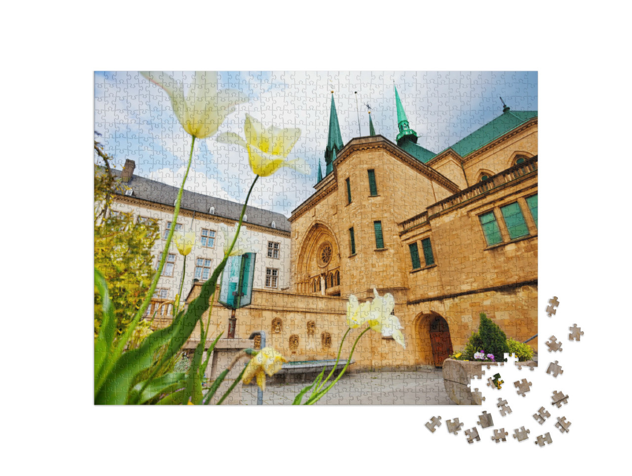 puzzle 1000 dílků „Bílé květiny před katedrálou Notre-Dame, Lucemburk“