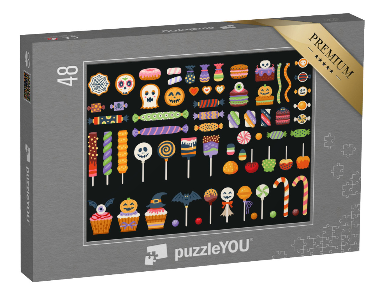 puzzle 48 dílků „Sladkosti, tyčinky a lízátka na Halloween“
