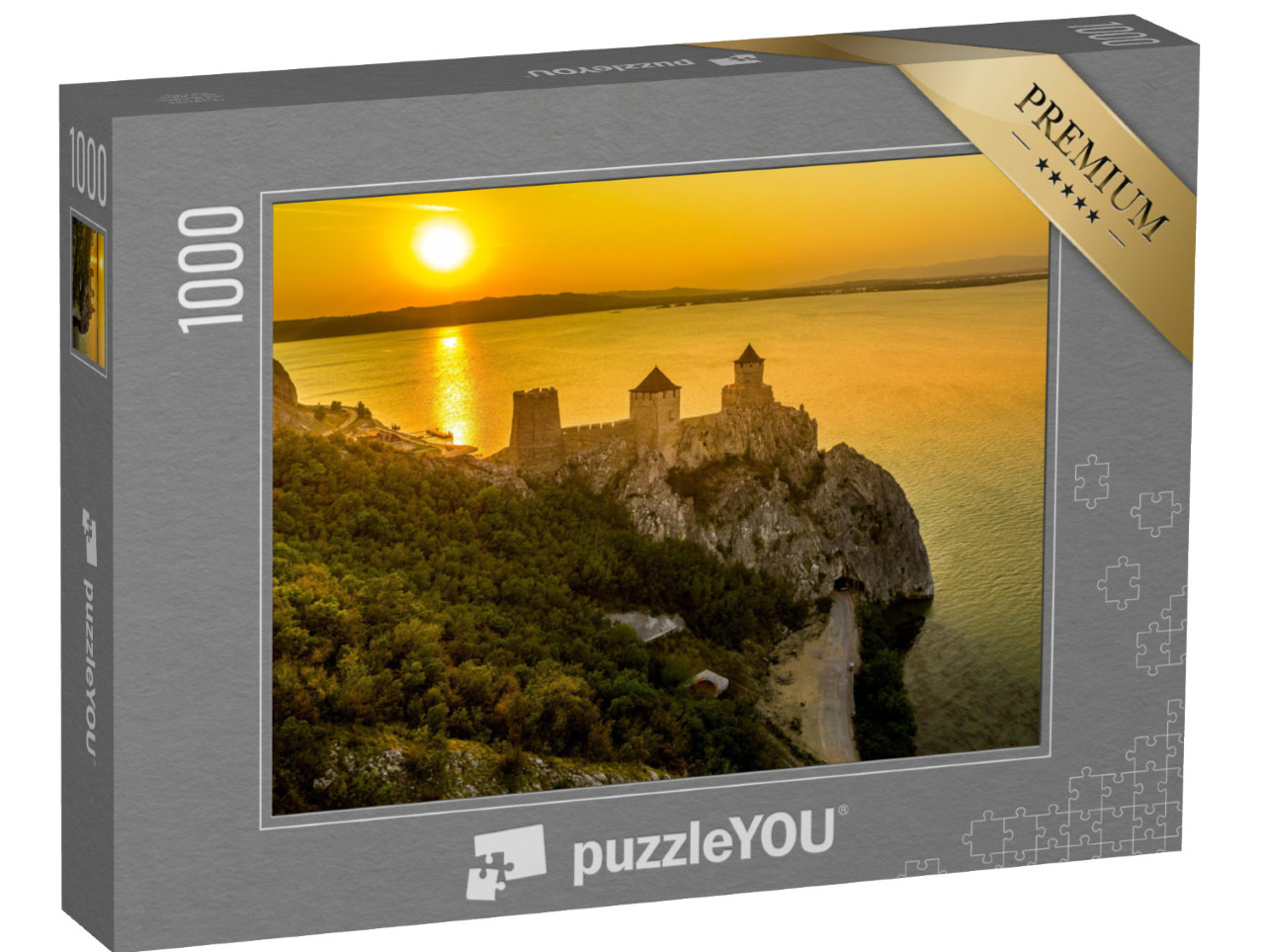 puzzle 1000 dílků „Silueta hradu Golubac při západu slunce podél Dunaje v Srbsku“