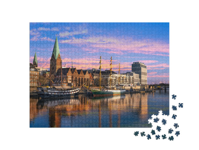 puzzle 1000 dílků „Třímistrovská loď na Weserské promenádě v Brémách“