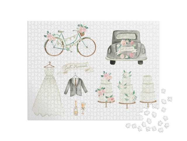 puzzle 1000 dílků „Boho svatební akvarelové ilustrace s květinami“