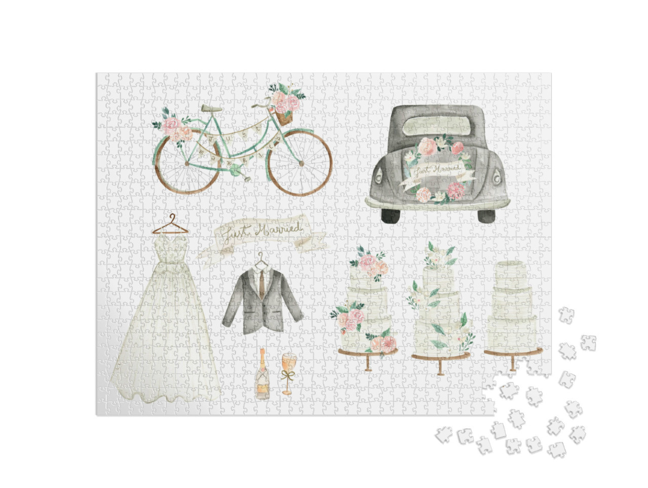 puzzle 1000 dílků „Boho svatební akvarelové ilustrace s květinami“