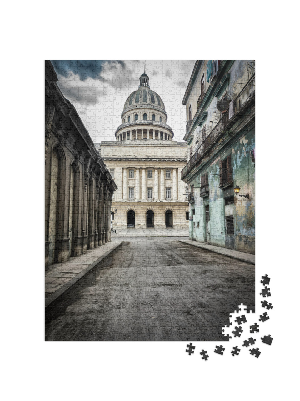 puzzle 1000 dílků „Ulice se zchátralými domy ke Kapitolu, Stará Havana“