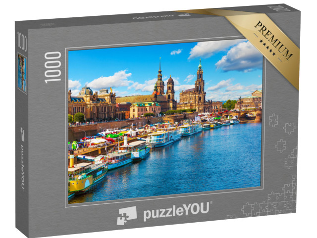 puzzle 1000 dílků „Letní pohled na architekturu starého města s břehy Labe, Drážďany, Sasko, Německo“