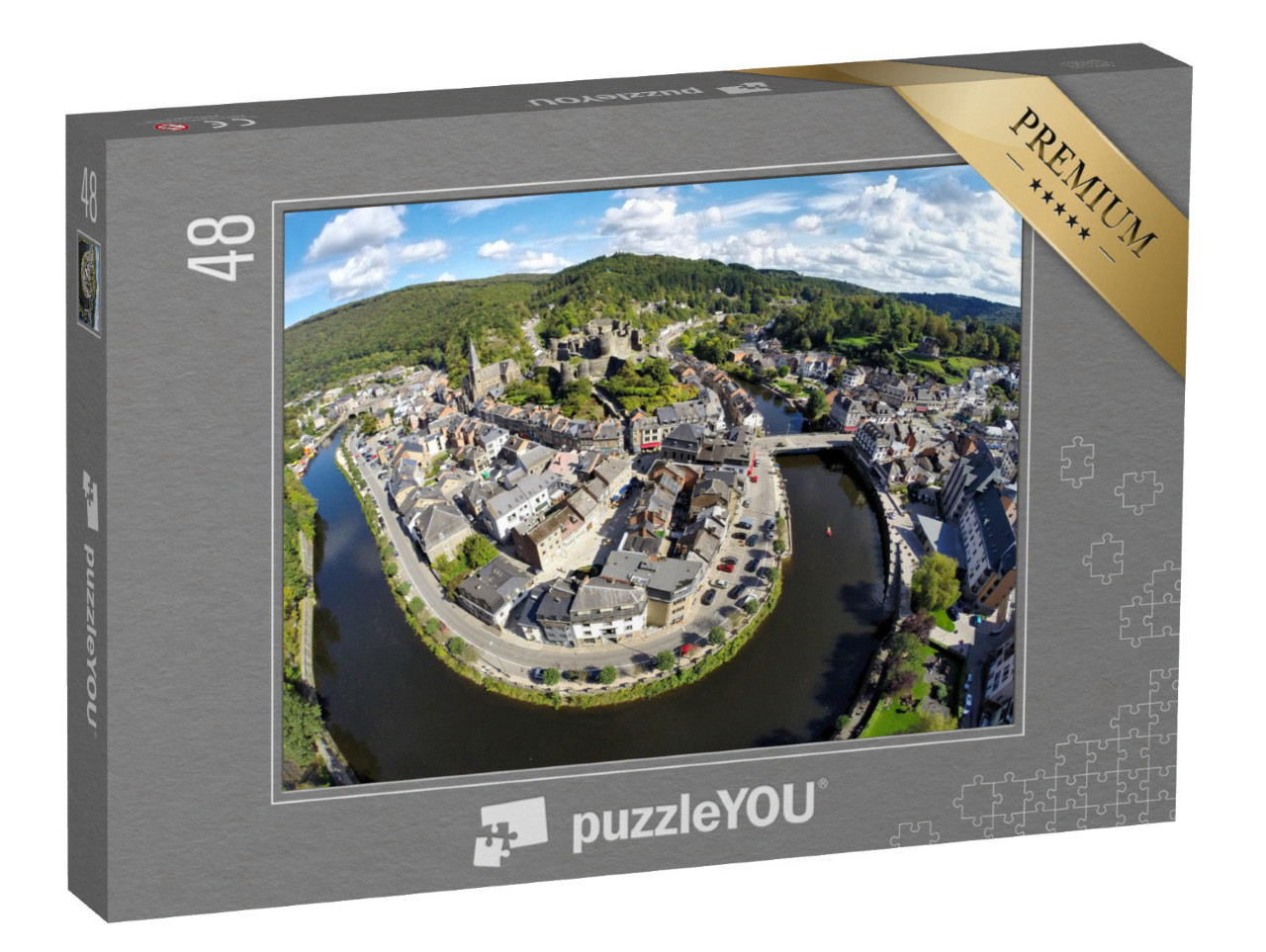 puzzle 48 dílků „Letecký pohled na belgické město La Roche-en-Ardenne s řekou Ourthe“