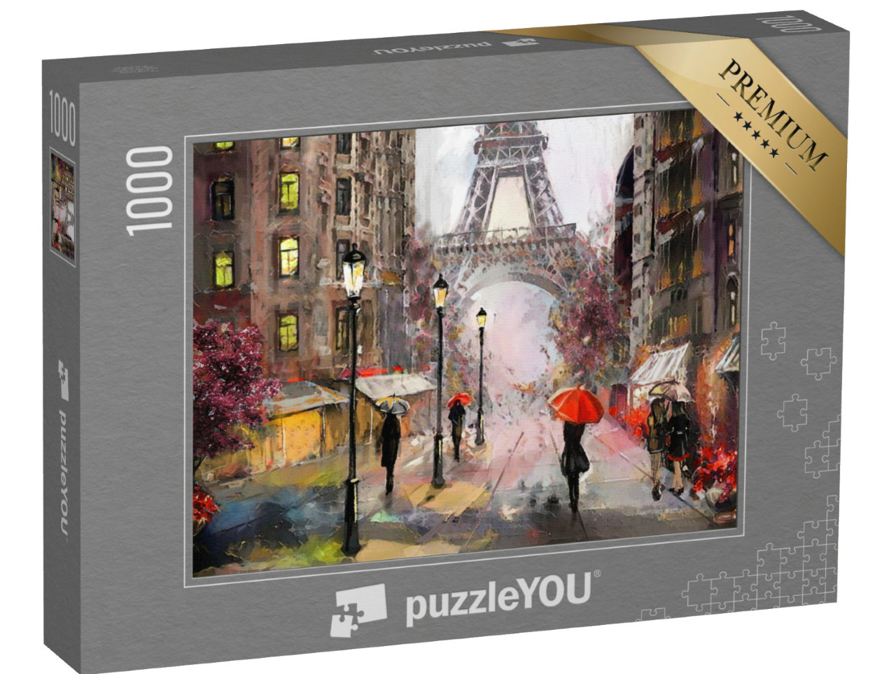 puzzle 1000 dílků „Olejomalba s pohledem na Paříž: Eiffelova věž a lidé s deštníky“