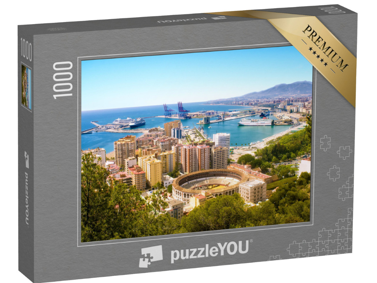 puzzle 1000 dílků „Málaga s býčí arénou a přístavem. Španělsko“