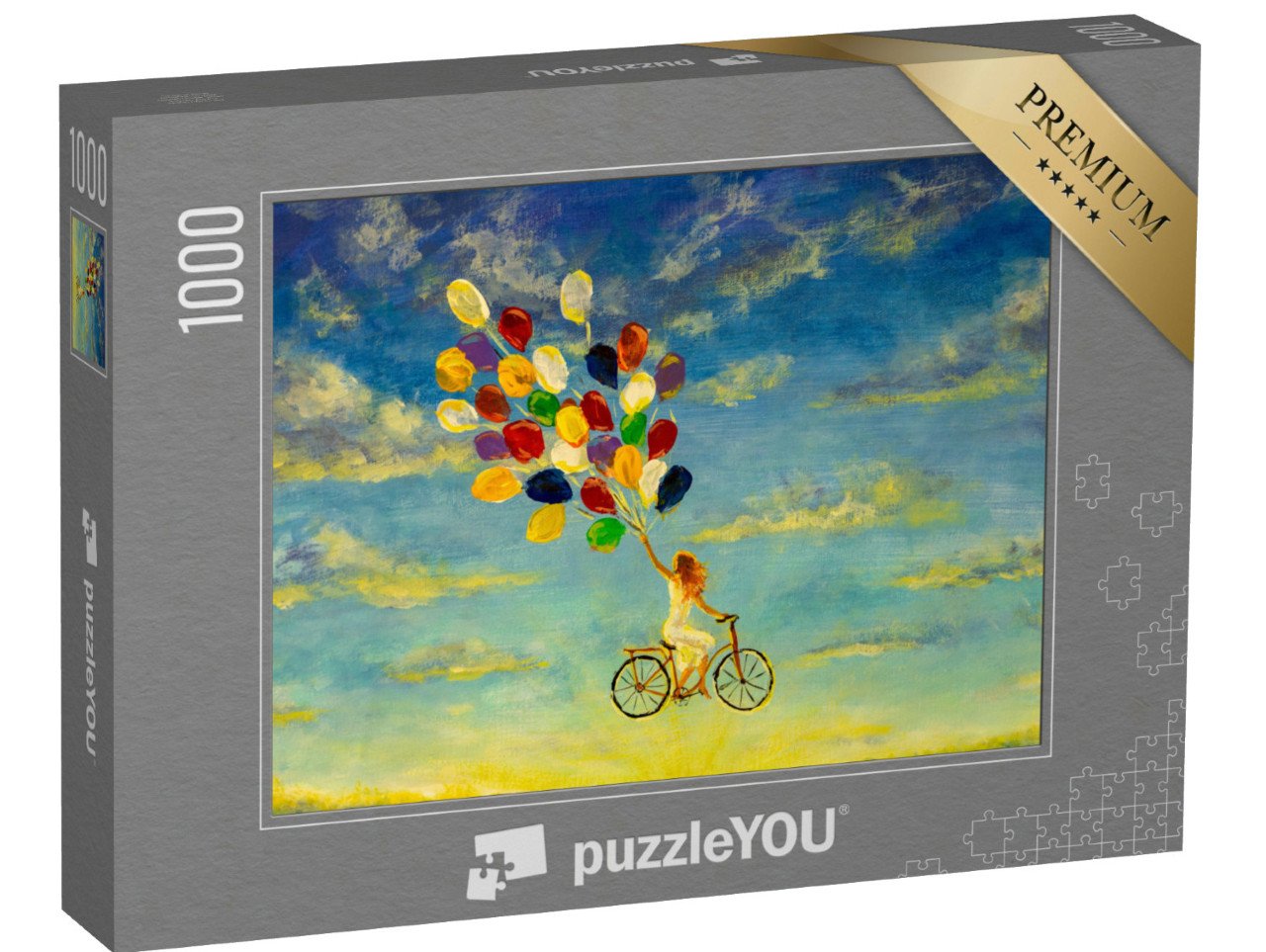 puzzle 1000 dílků „Dívka na kole letí oblohou na barevných balónech“