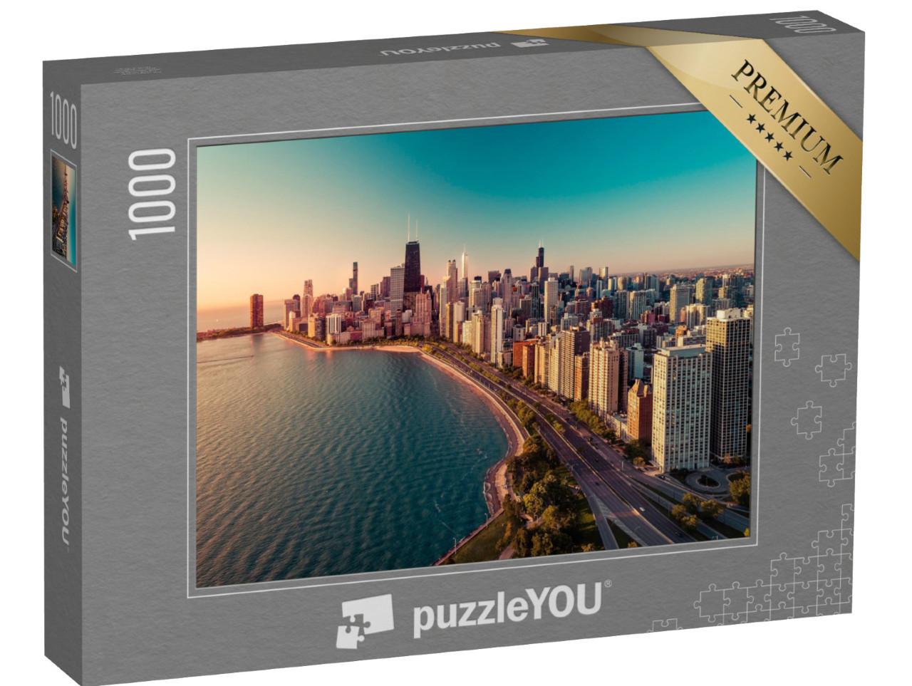 puzzle 1000 dílků „Panorama Chicaga s východem slunce a Michiganským jezerem“