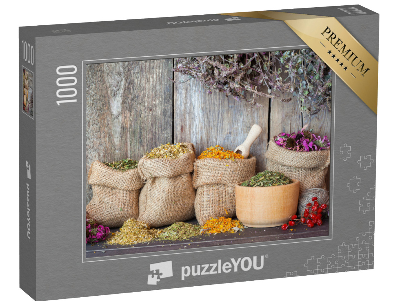 puzzle 1000 dílků „Sušené léčivé byliny v jutových pytlích“