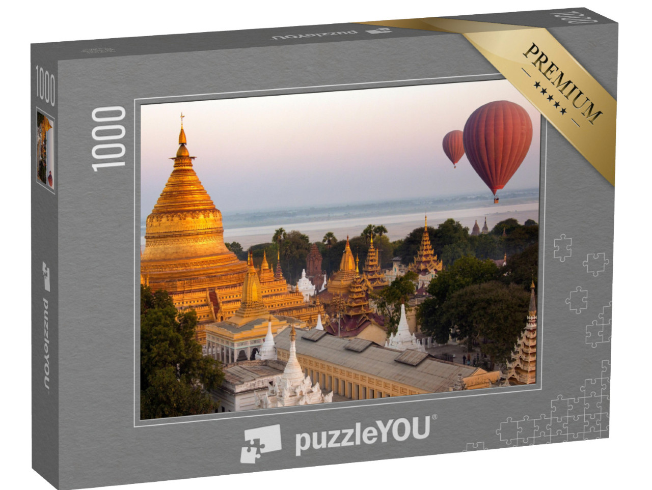 puzzle 1000 dílků „Atmosférický letecký pohled na horkovzdušné balóny u pagody Shwezigon, Myanmar“