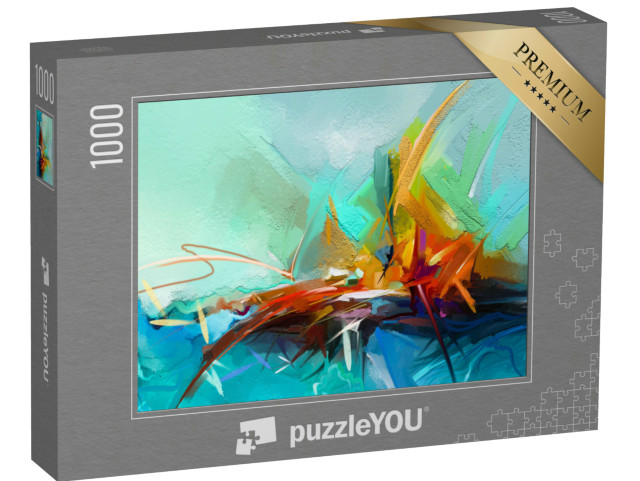 puzzle 1000 dílků „Poloabstraktní obraz krajiny, olejomalba ve žluté, červené a modré barvě“