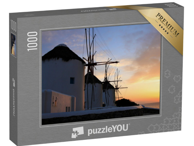 puzzle 1000 dílků „Větrné mlýny při západu slunce na Mykonosu, Řecko“