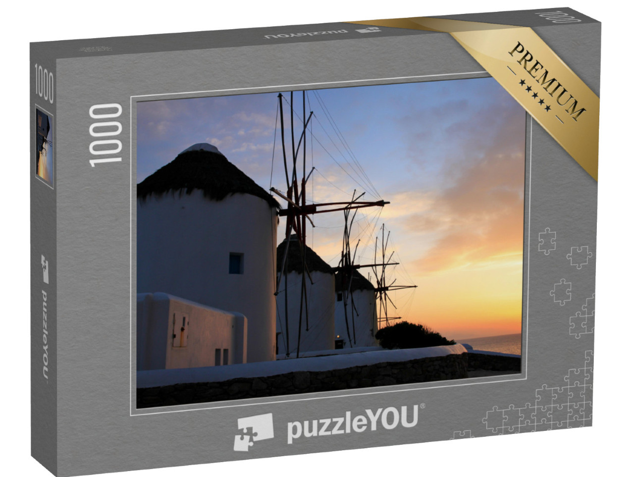 puzzle 1000 dílků „Větrné mlýny při západu slunce na Mykonosu, Řecko“