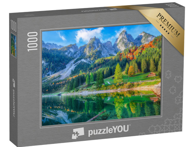 puzzle 1000 dílků „Barevná podzimní krajina s vrcholem Dachsteinu u jezera Gosau, Horní Rakousko“