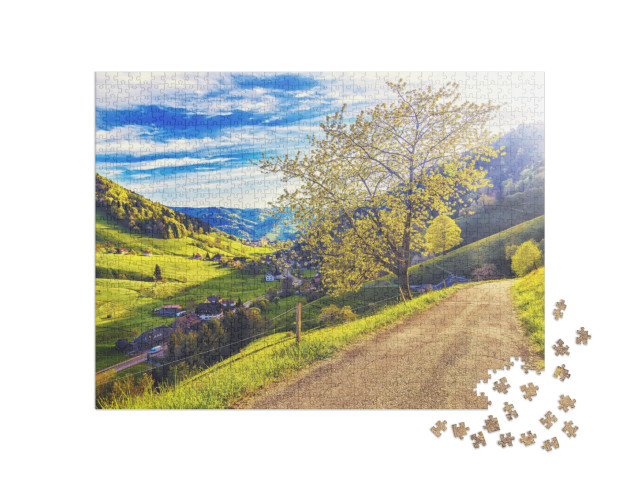 puzzle 1000 dílků „Panorama se západem slunce, Münstertal, Schwarzwald“