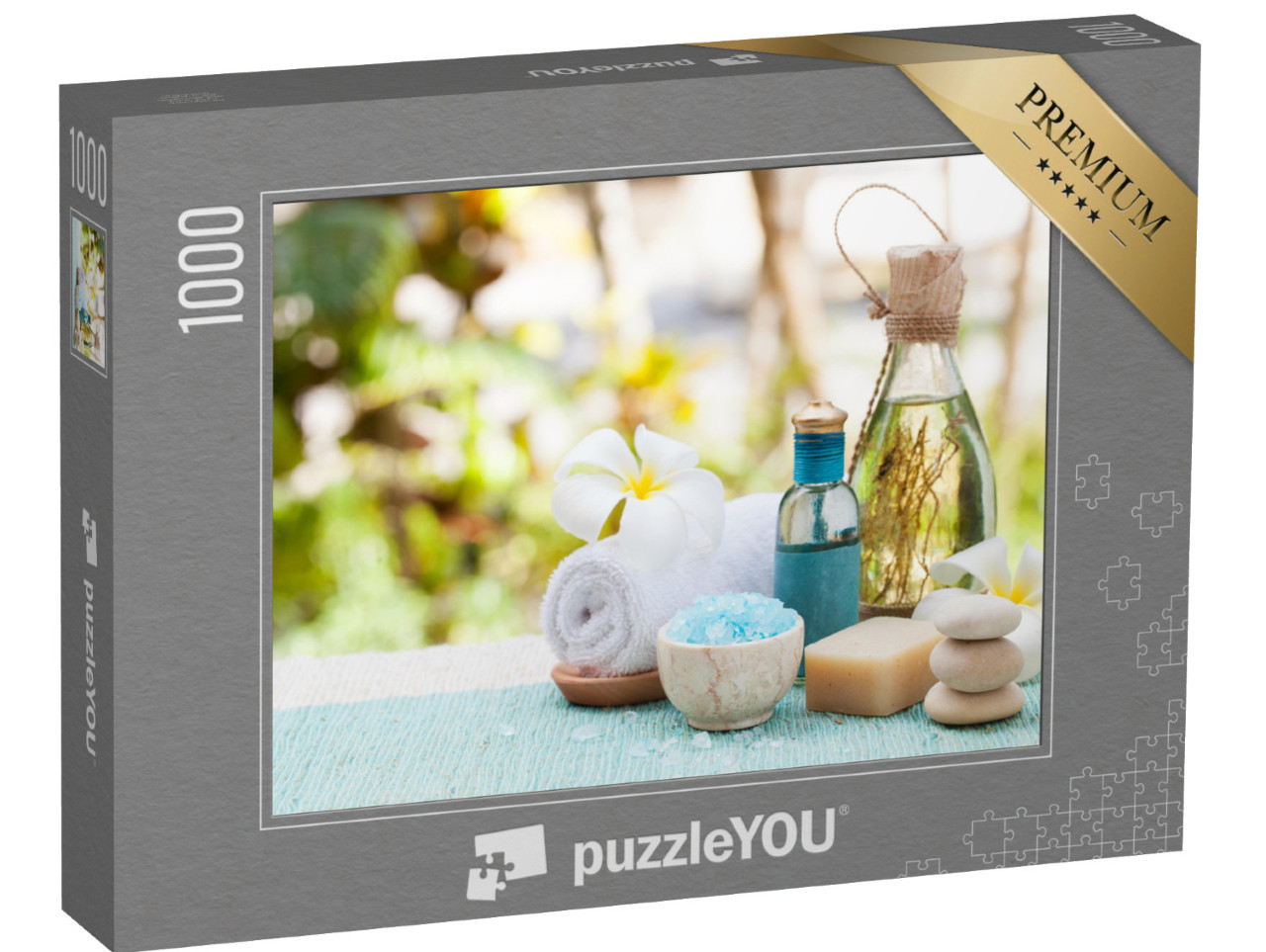 puzzle 1000 dílků „Zátiší s esenciálním olejem, solí a kameny“