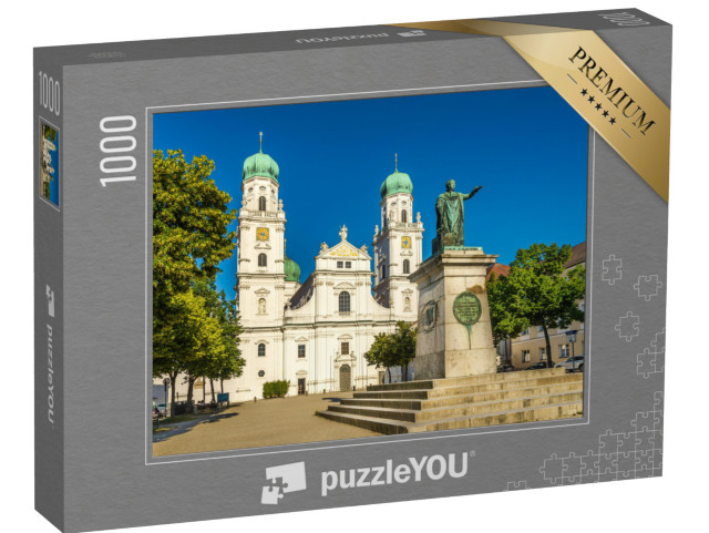 puzzle 1000 dílků „Pohled na katedrálu svatého Štěpána s pomníkem, Pasov, Bavorsko“