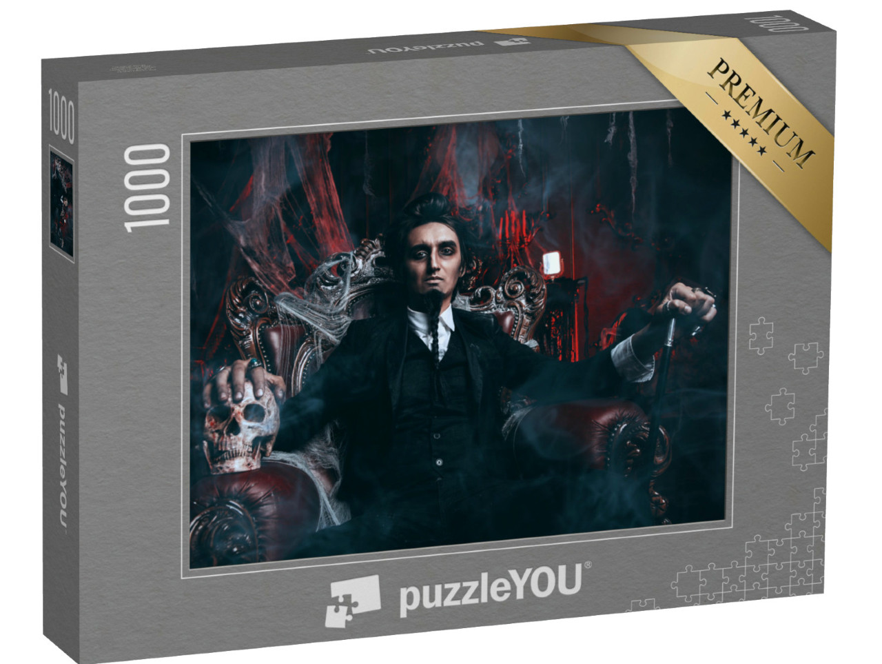 puzzle 1000 dílků „Muž ve fraku sedí v křesle s lebkou a zkříženými kostmi“