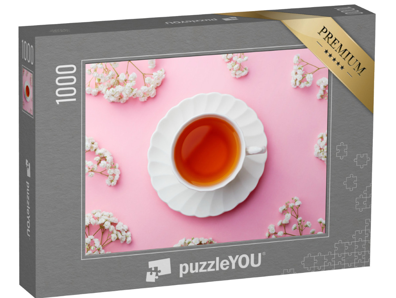 puzzle 1000 dílků „Šálek čaje s čerstvými květinami na růžovém pozadí. Top Vie...“