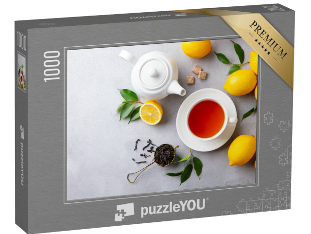 puzzle 1000 dílků „Čajový šálek a konvice s citronem. Šedé pozadí. Prostor pro kopírování. To...“