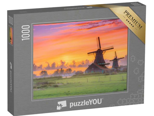 puzzle 1000 dílků „Větrné mlýny při západu slunce, Nizozemsko“