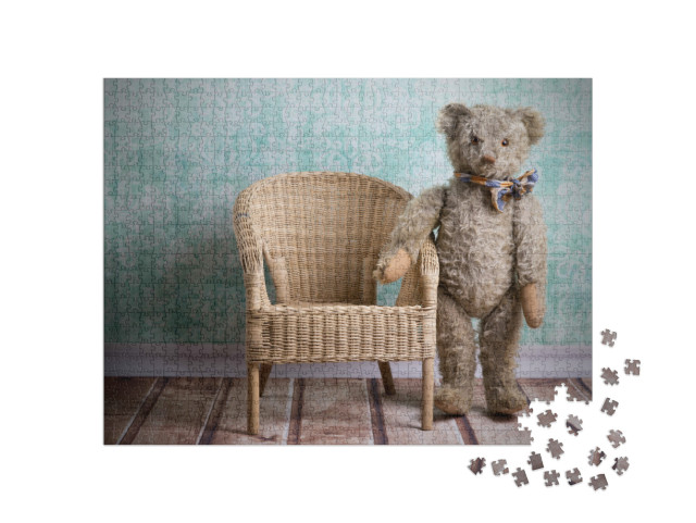 puzzle 1000 dílků „Vintage medvídek s proutěným křeslem“