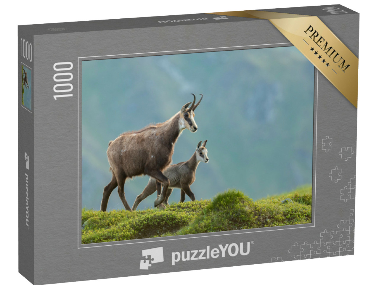 puzzle 1000 dílků „Kamzičí matka s mláďaty na horské louce“