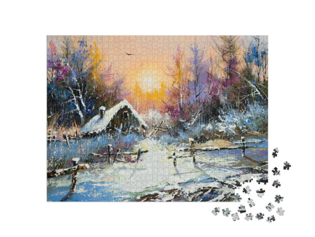 puzzle 1000 dílků „Olejomalba: Venkovská zimní krajina“