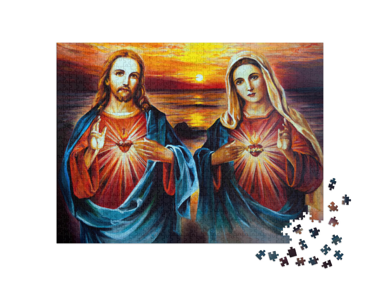 puzzle 1000 dílků „Ježíš Kristus a Marie se srdcem, olejomalba“