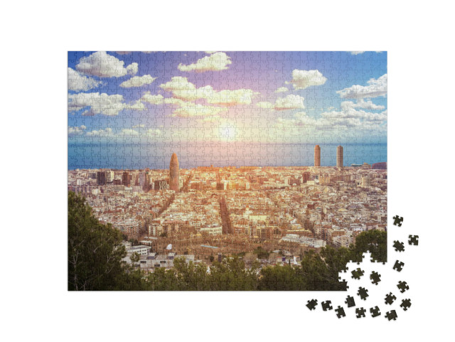 puzzle 1000 dílků „Panoramatický výhled na moře a město Barcelona, Španělsko“