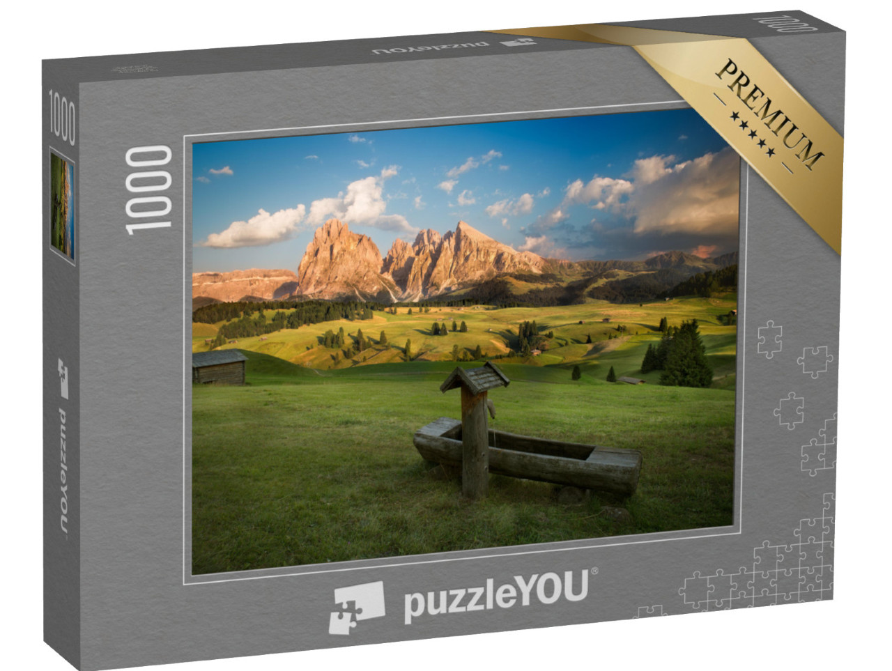 puzzle 1000 dílků „Alpe di Siusi se skupinou Sassolungo při západu slunce, Jižní Tyrolsko, Itálie“