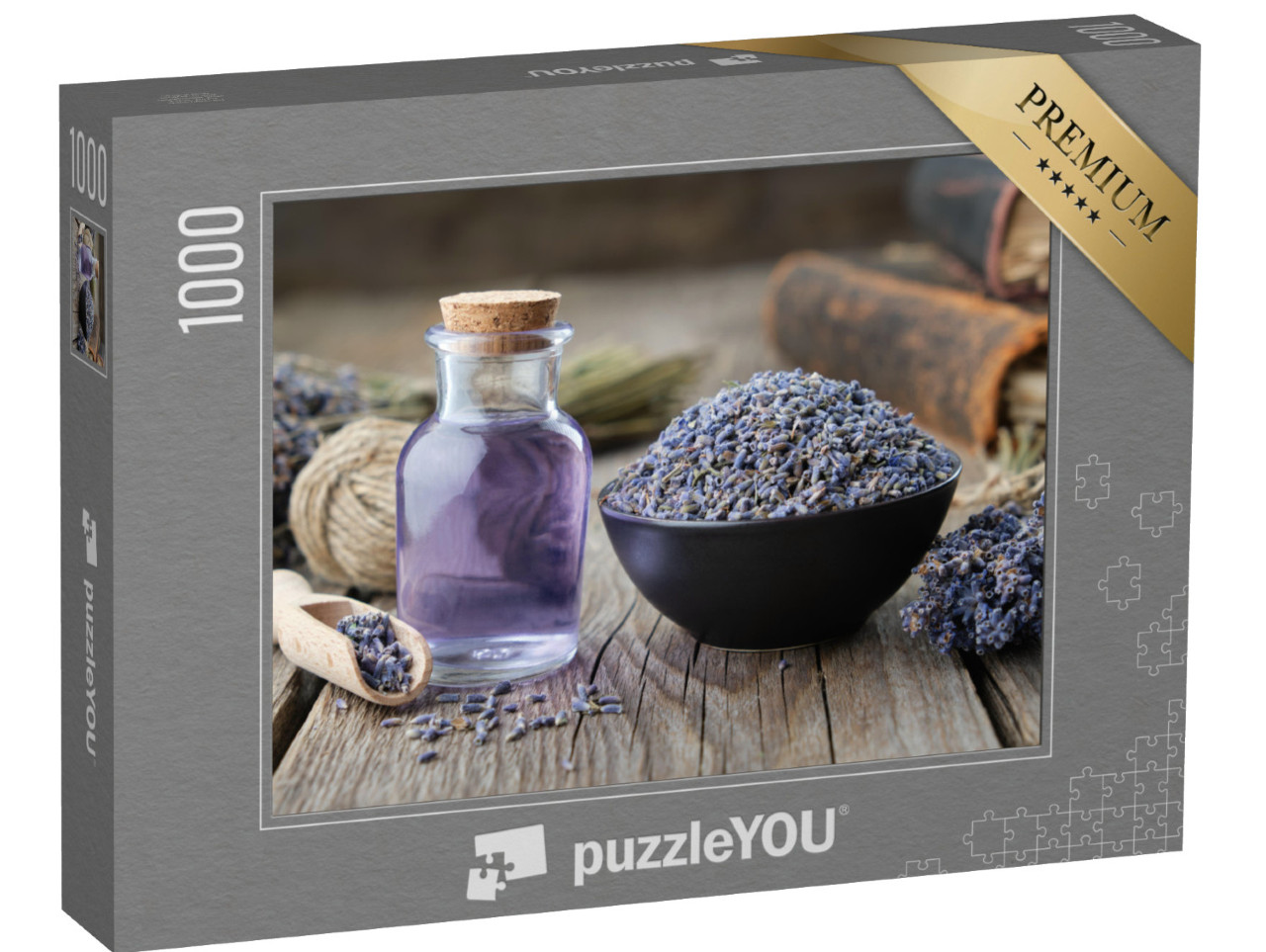 puzzle 1000 dílků „Levandulový esenciální olej a sušené květy levandule“