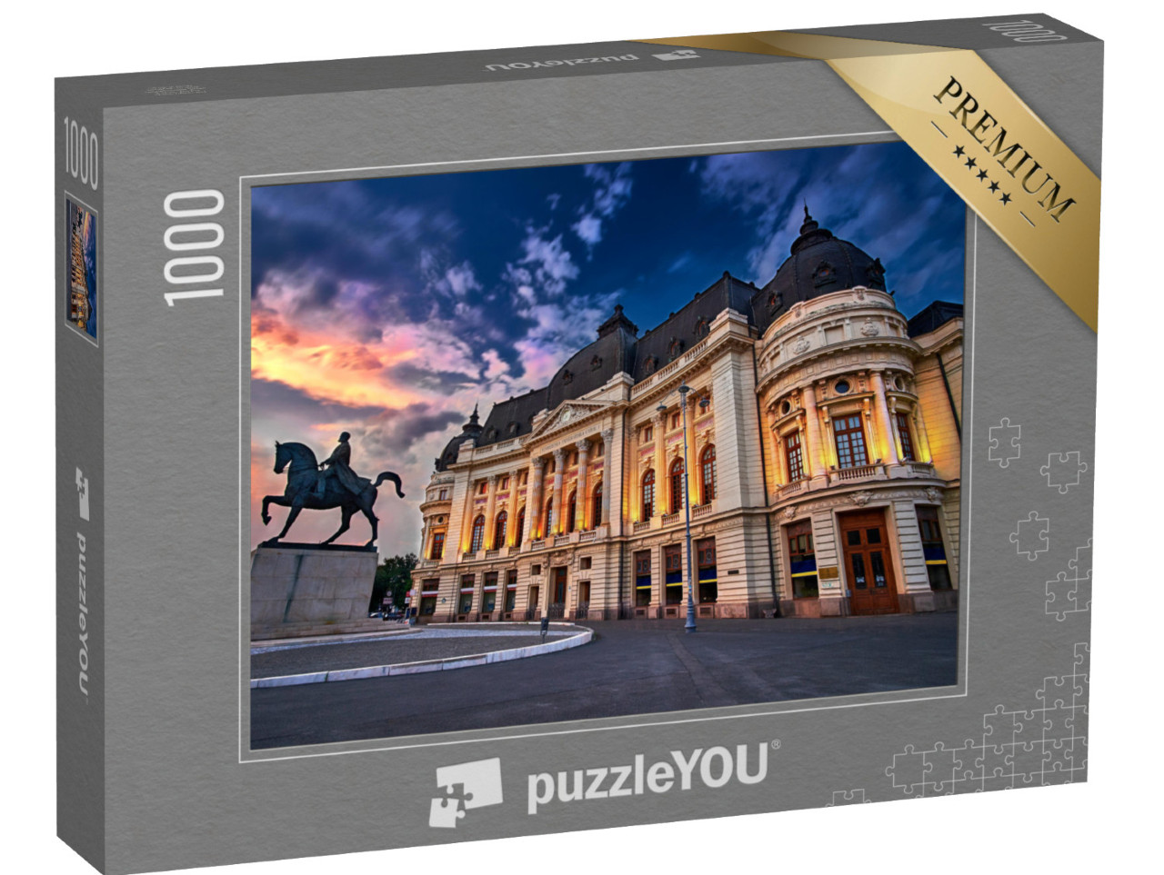 puzzle 1000 dílků „Bukurešť při západu slunce. Calea Victoriei, Národní knihovna“