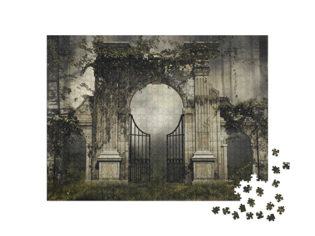 puzzle 1000 dílků „Stará zahradní branka v lese s věncem“
