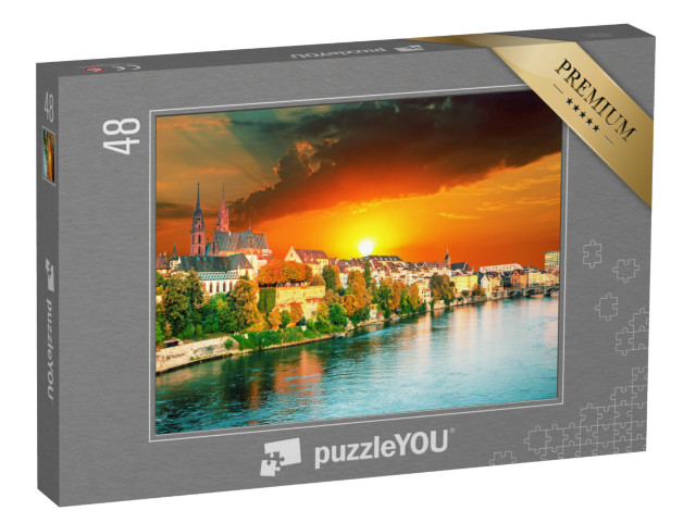 puzzle 48 dílků „Západ slunce nad starým městem Basileje na Rýně, Švýcarsko“