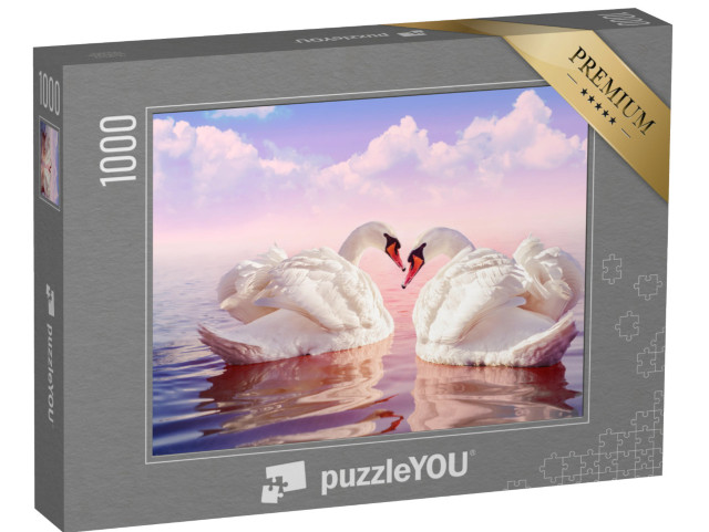 puzzle 1000 dílků „Dvě krásné bílé labutě v bledě růžovém východu slunce“