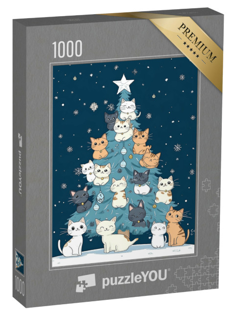 puzzle 1000 dílků „Zimní ilustrace: Vánoční stromek plný roztomilých koček“