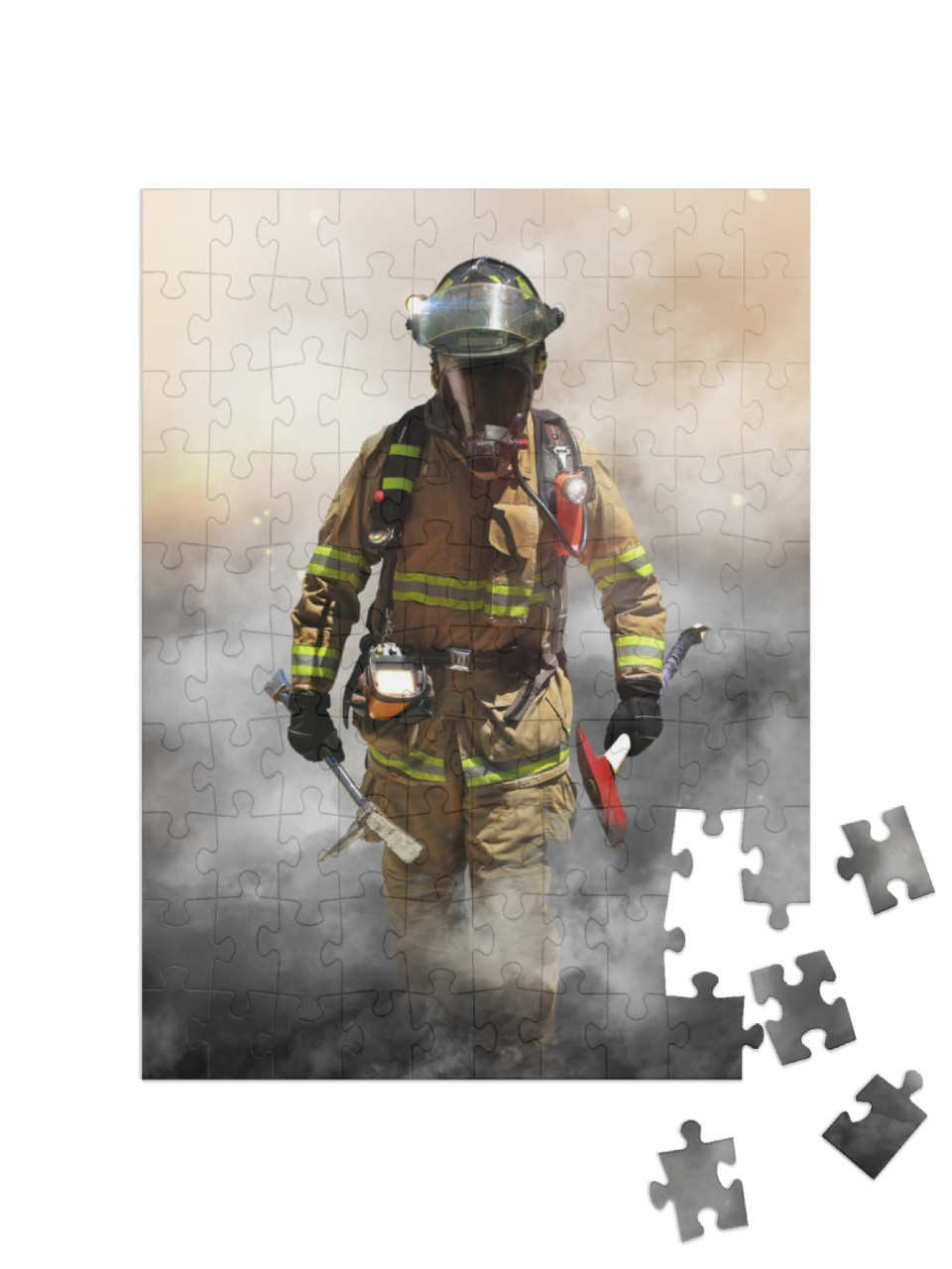 puzzle 100 dílků „Hasič proniká stěnou kouře“