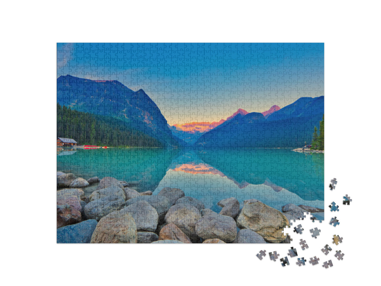 puzzle 1000 dílků „Panoramatický výhled na světoznámé jezero Louise až k ledovci Victoria Glacier“