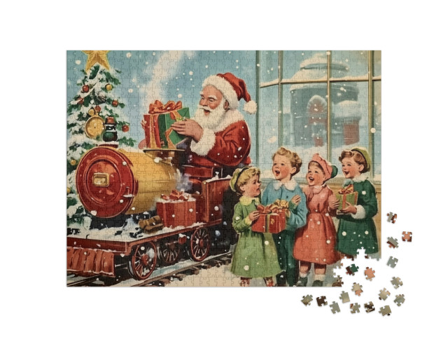 puzzle 1000 dílků „Vintage vánoční motiv: Otec Vánoc se zpívajícími dětmi“